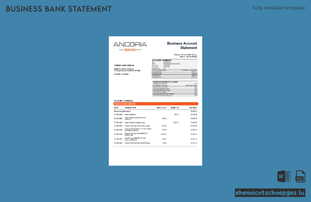 Ancoria Bank Geschäftskontoauszug – Beispielansicht (Word und PDF)